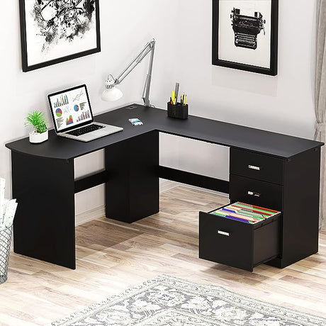 L-Shaped Home Office Wood Corner Desk with 3 Drawers, Oak