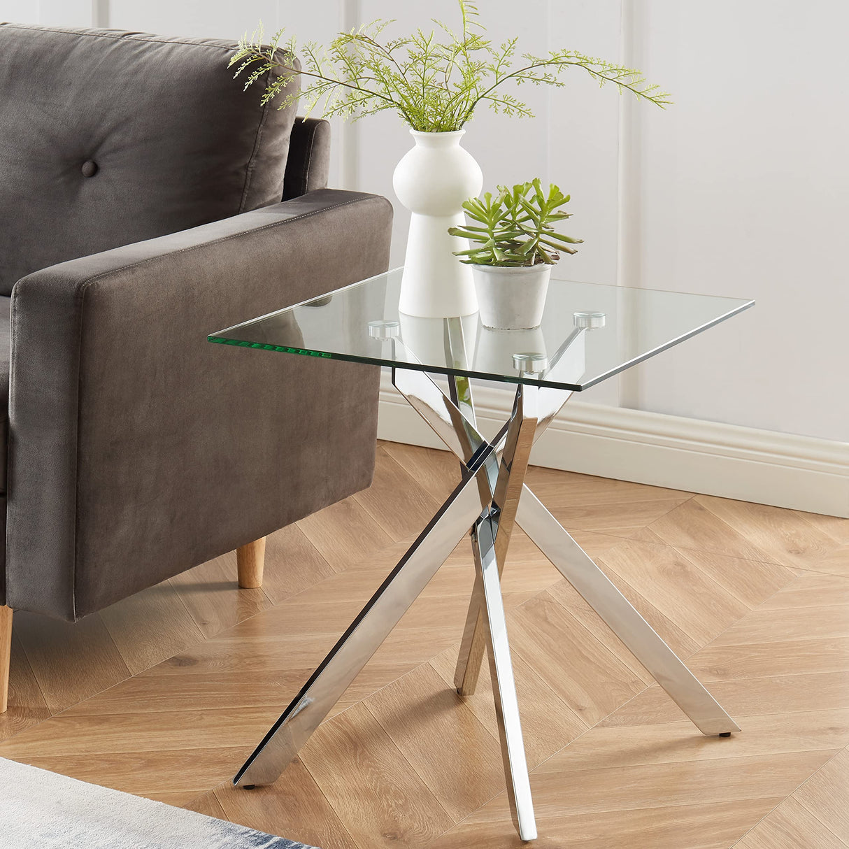 Modern Style Square Side Table with Tempered Glass Top and Metal Tubular Legs