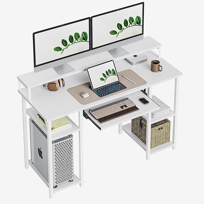 Computer Desk with Keyboard Tray, 47 Inch Office Desk with Monitor Stand and Storage Shelves, Music Studio Desk Workstation, Work Table for Home Office, Rustic Brown