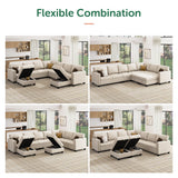 HONBAY Velvet Convertible Sectional Couch, U Shaped Sectional Sofa with Chaise Modular Sectional with Storage Ottoman Corner Couch for Living Room, Beige