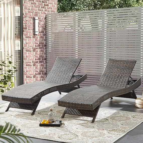 PE Rattan Adjustable Backrest Chaise Lounge Set 2 with 1 Side Table