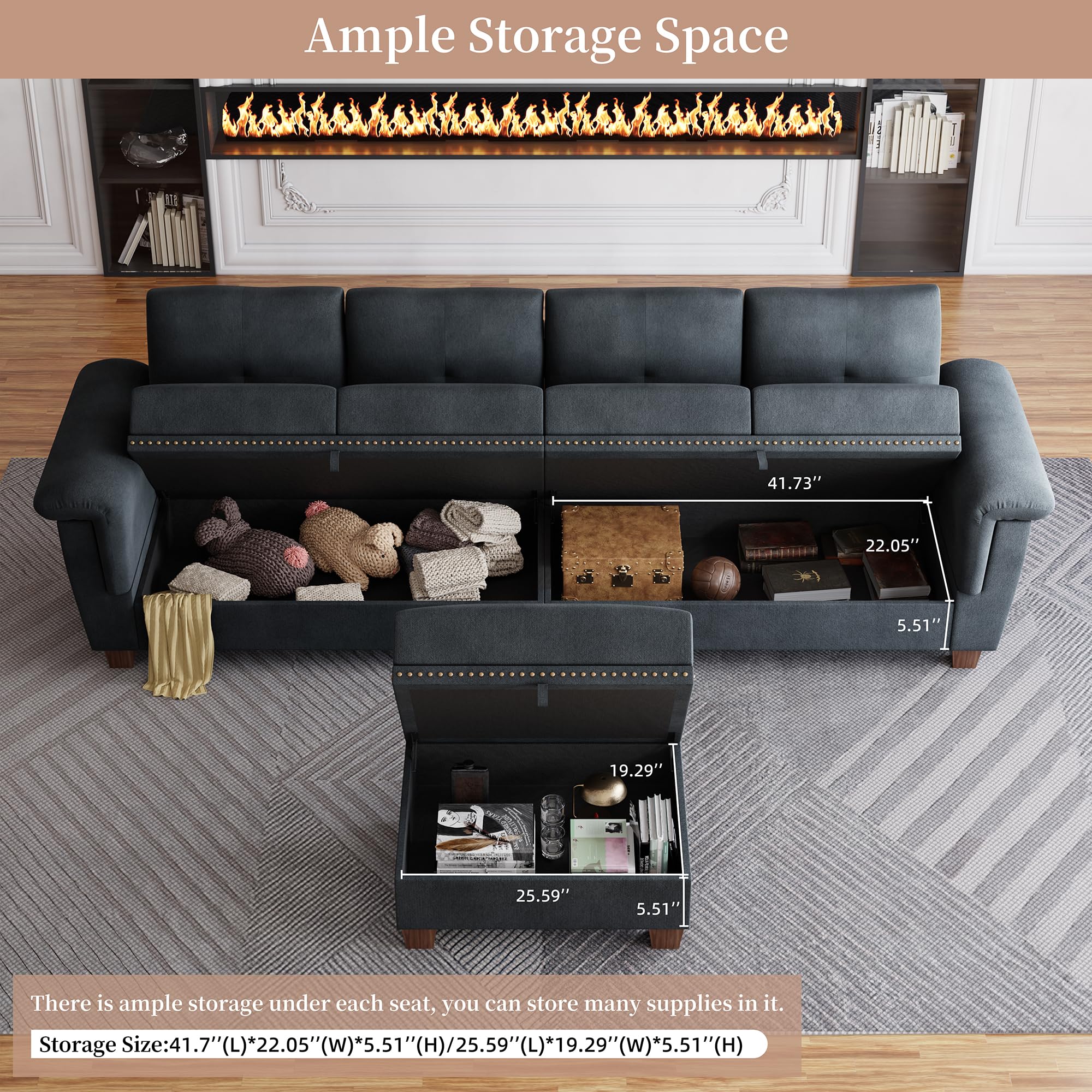 Jamfly 107" Convertible L-Shaped Sectional Sofa with Storage & Cup Holders