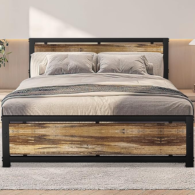Full Bed Frame with Headboard and Footboard, Heavy Duty Metal Platform