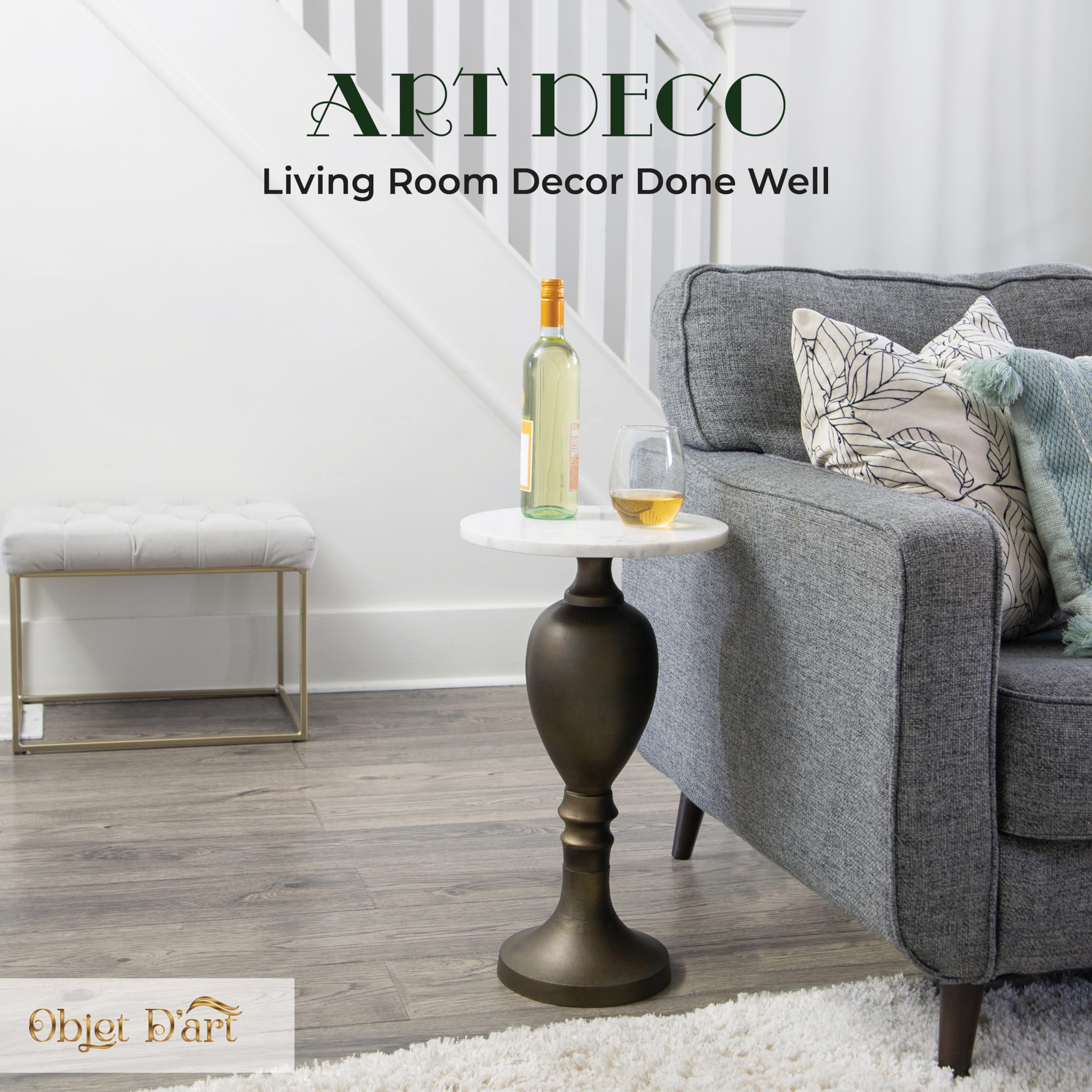 Small Round Brass and Marble Side Table, Ethos Accent Table, Round Pedestal Side