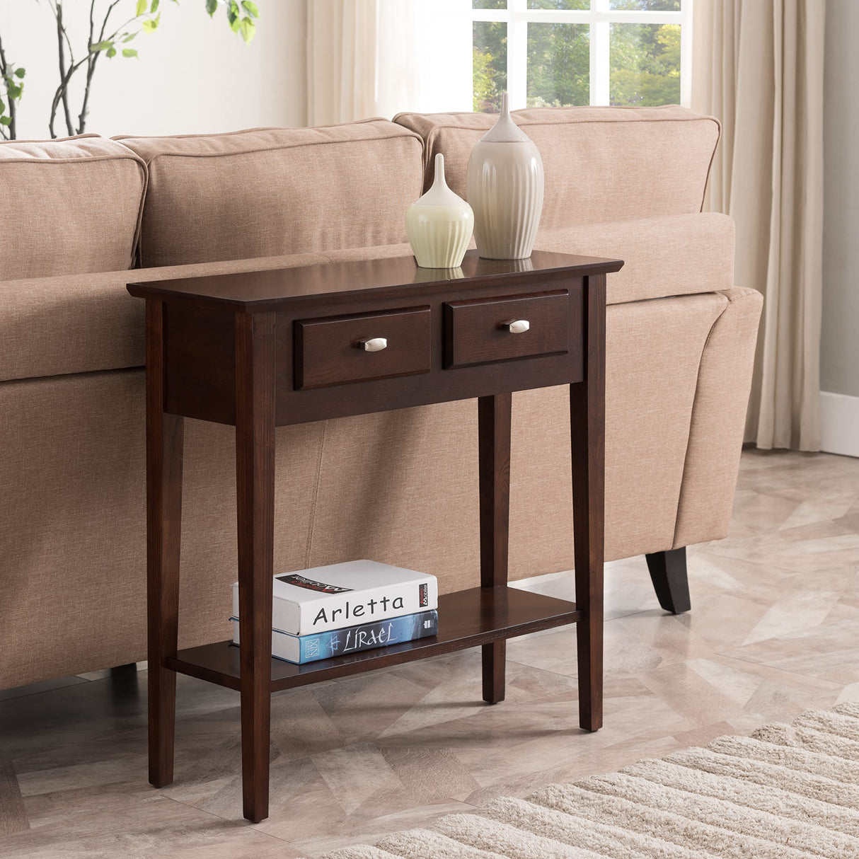 10075-CH Two Drawer Sofa Table Hall Console with Shelf, Chocolate Oak, 11 in x 30
