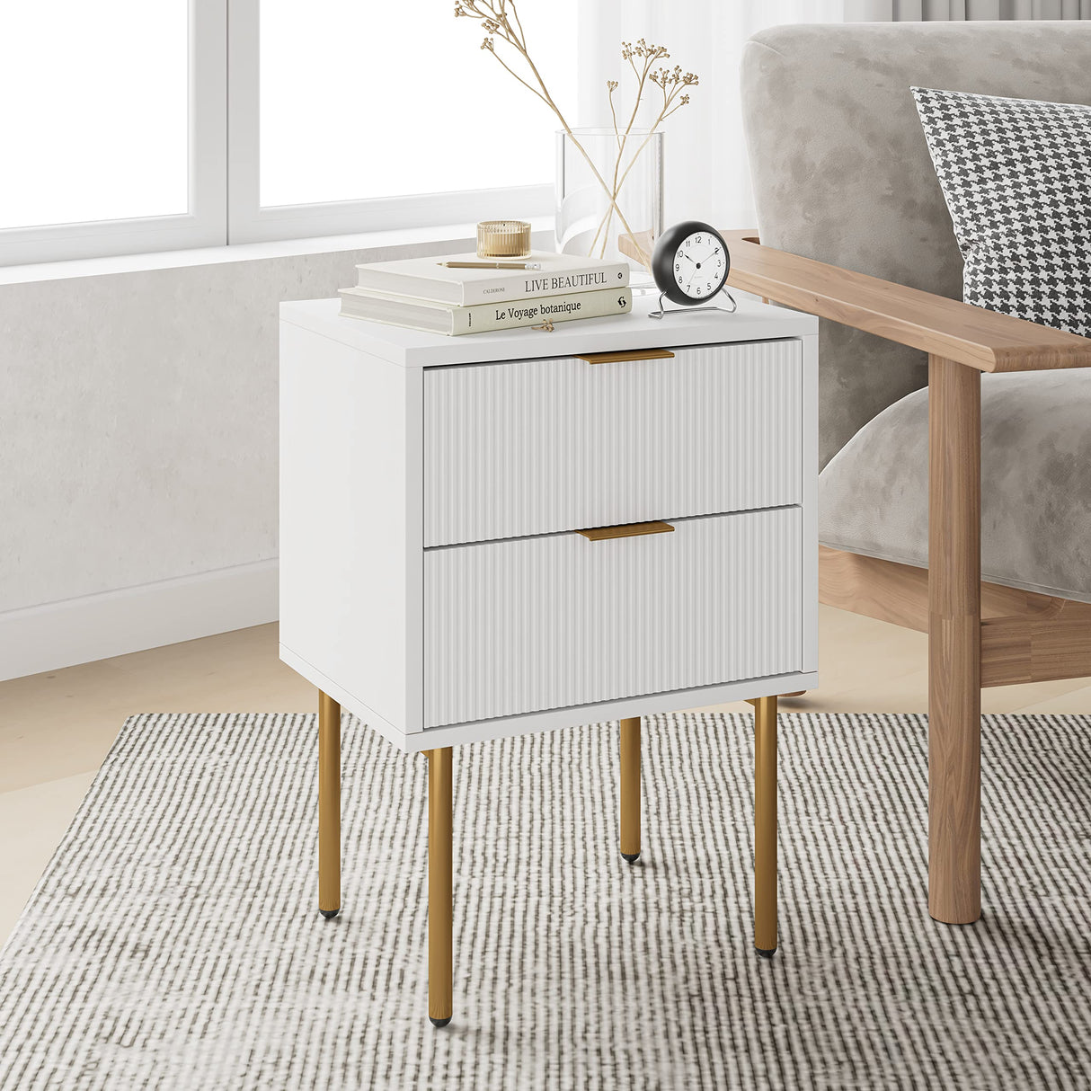 Nightstand with Drawers, Fluted Night Stand, End Table for Living Room