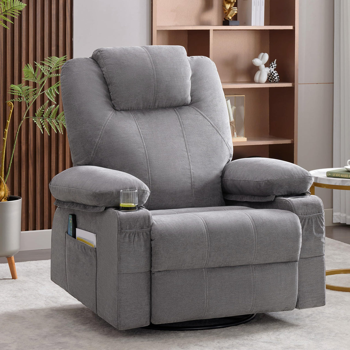 Swivel Rocker Recliner Chair with Heat and Massage, 360 Degree Swivel Rocking Single