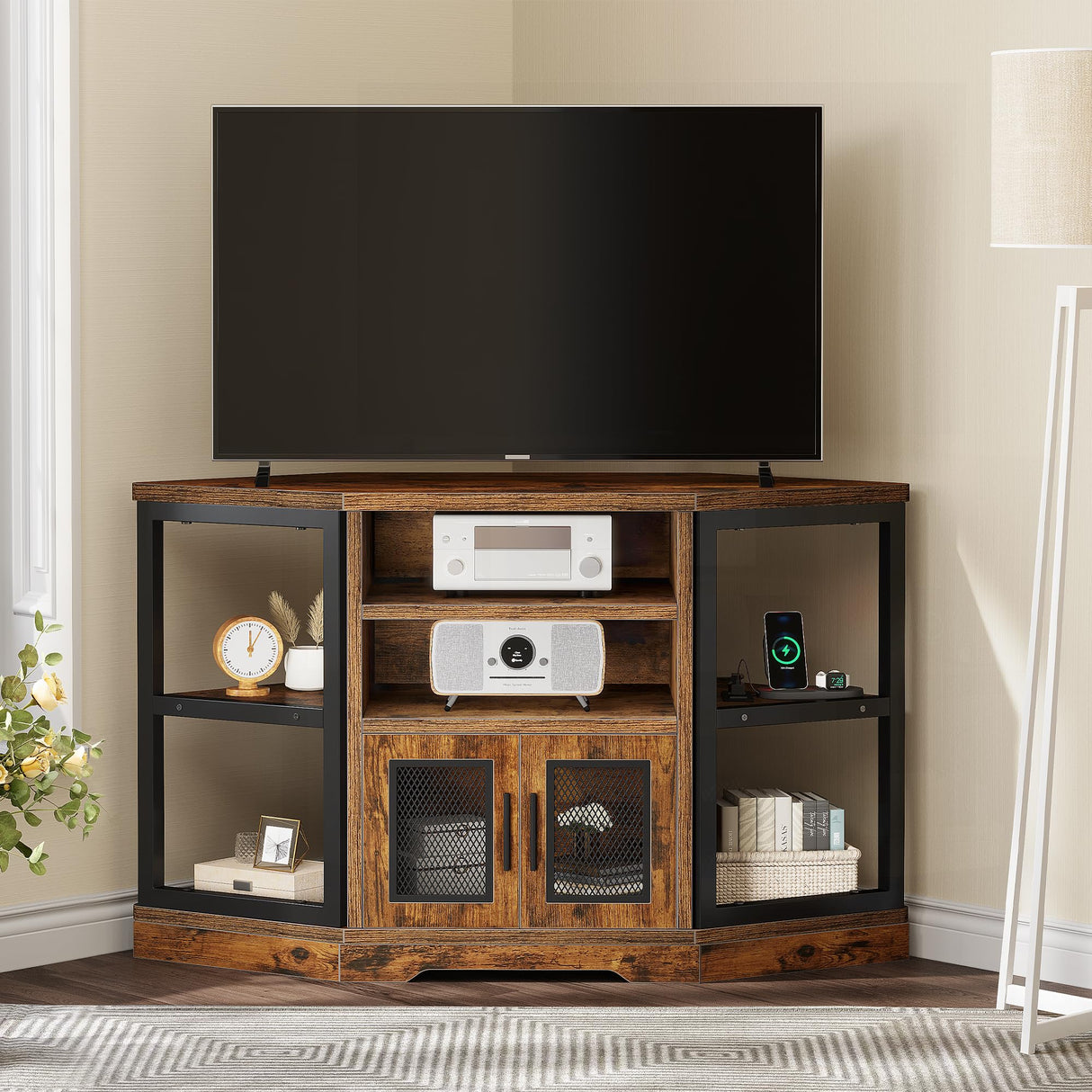 Corner TV Stand for TVs up to 55 Inch with Power Outlet, Modern Farmhouse