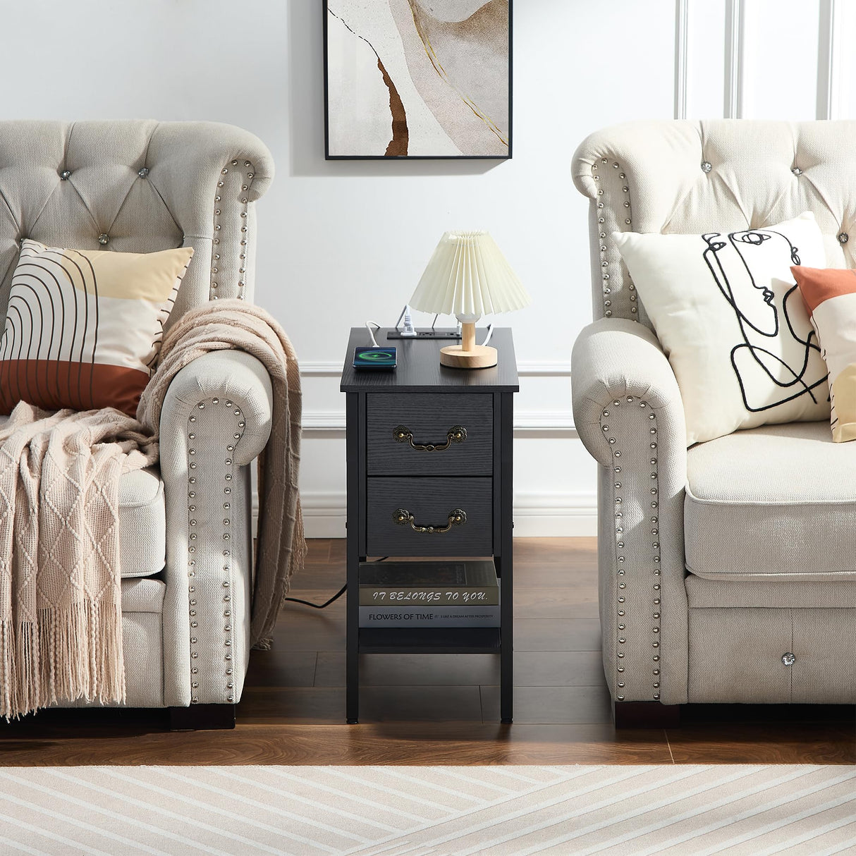 End Tables,Narrow Nightstands with Charging Station & USB Ports &Drawers