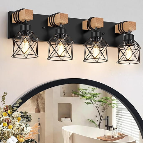 3-Light Farmhouse Vanity Light for Bathroom, Wood Bathroom Light Fixtures Over Mirror