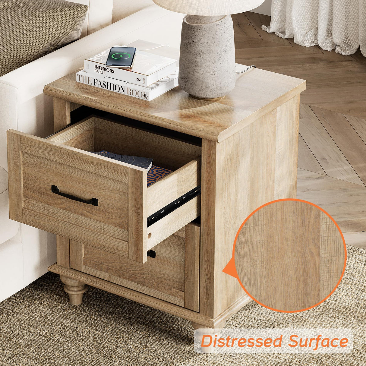 End Table Nightstand with Charging Station, Farmhouse Side Table for Living Room