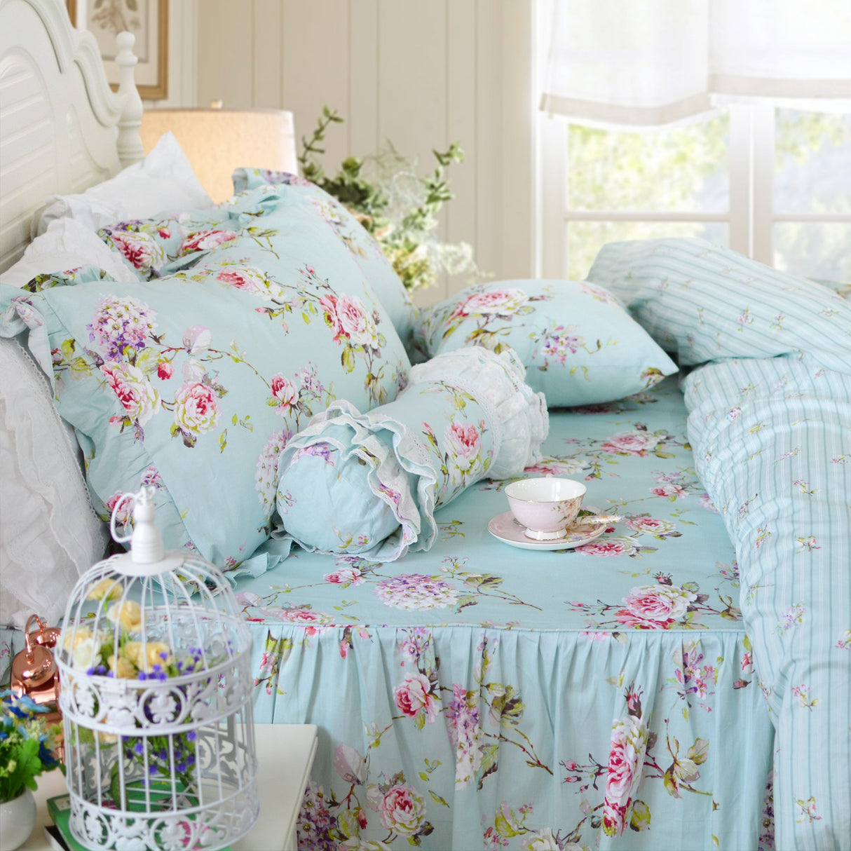 Shabby Floarl Cotton Bedding Set Queen 4-Pieces Light Blue Hydrangea Print Duvet