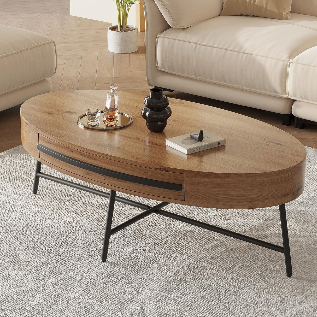 Oval Coffee Table with Drawer Mid-Century Modern Center Table 47.2“ Wooden Coffee