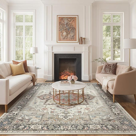 Area Rug 9x12 for Bedroom Living Room, Medallion Printed Ultra-Thin Soft Large Carpet,