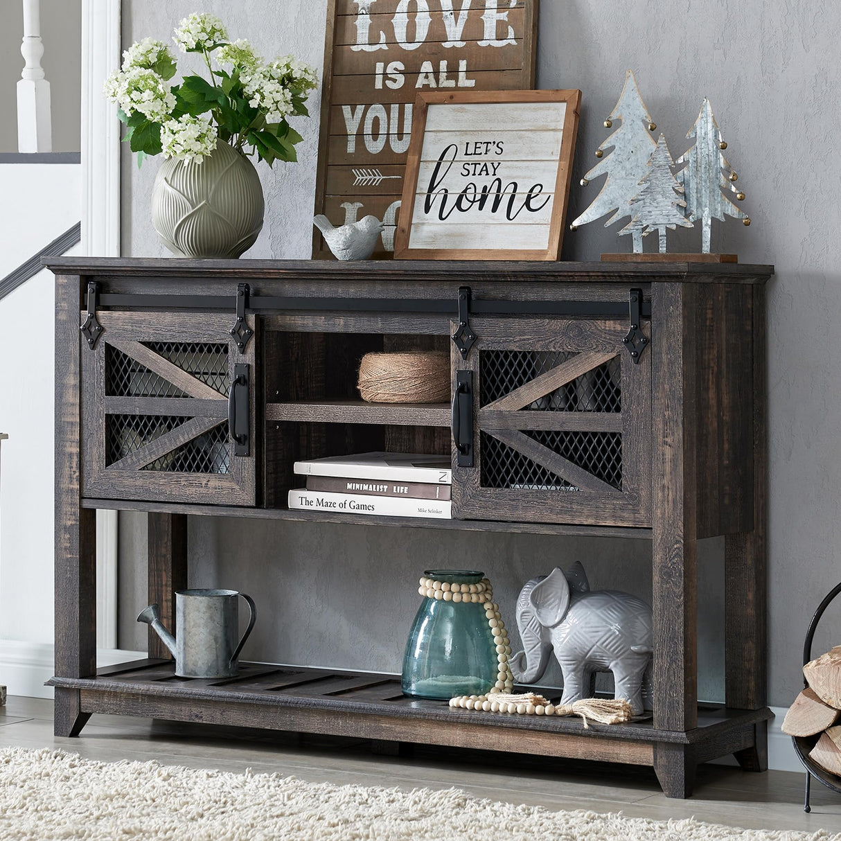 Entryway Table w/Sliding Barn Doors, 46'' Farmhouse & Industrial Console Table