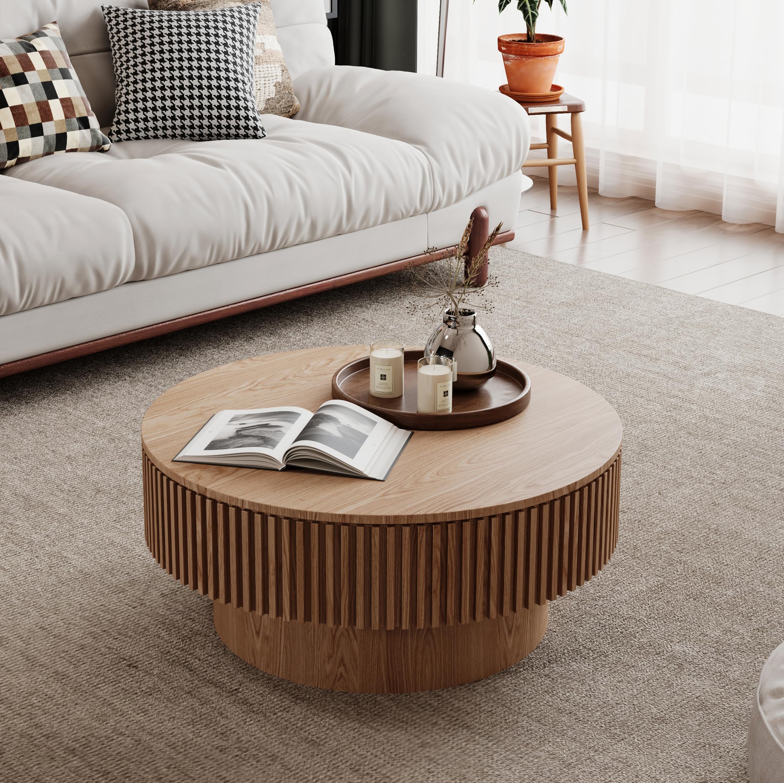 Round Coffee Table with Storage, 31.5" Modern Solid Wood Veneered Drum Coffee