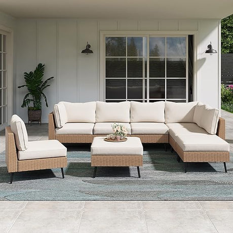 Outdoor Patio Furniture, 6 Piece Outdoor Sectional Sofa ,Backyard(Beige)