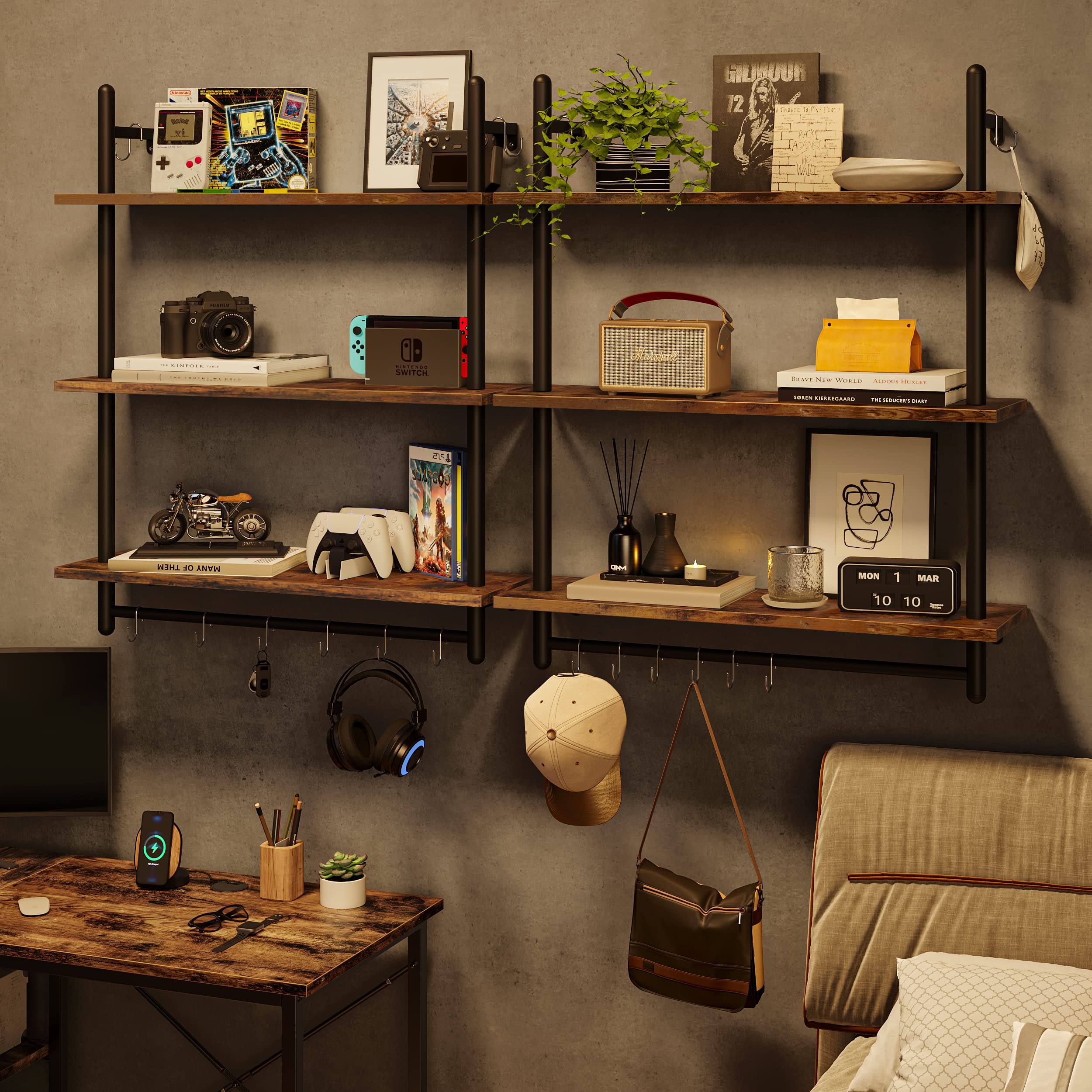 Floating Shleves Wall Mounted Kitchen Shelves, Storage Hanging Shelves with Towel Bar