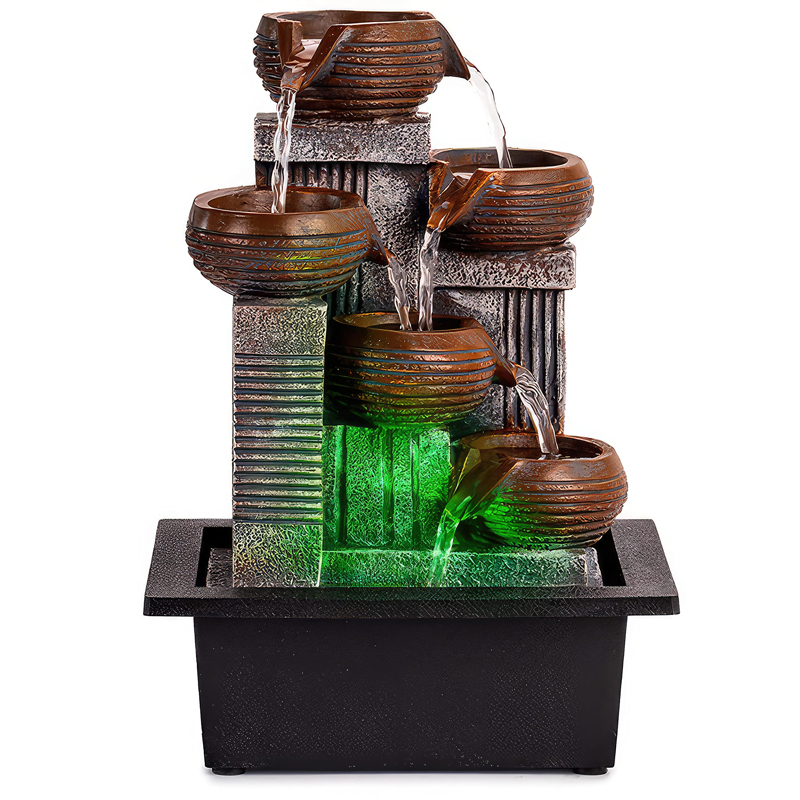 Indoor Fountains and Waterfalls from 5-Tiered Pots-12”H Tabletop Water Fountain-Desk Fountain-Office Decor with Audible Calming Waterfall Sounds-Zen Fountain with Color Lights