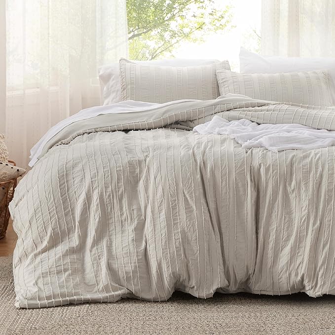 Waffle Comforter Set Queen, Beige Boho Bedding Comforter Set for All Seasons