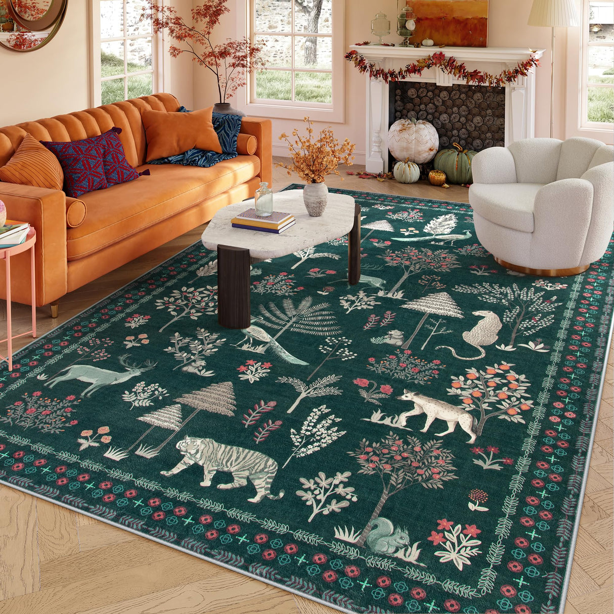 Jungle Animal 8x10 Rugs for Living Room, Green Soft Bedroom Rug 8x10 Under Bed