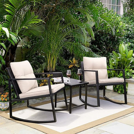 3 Pieces Rocking Wicker Bistro Set, Patio Outdoor Furniture Conversation Sets