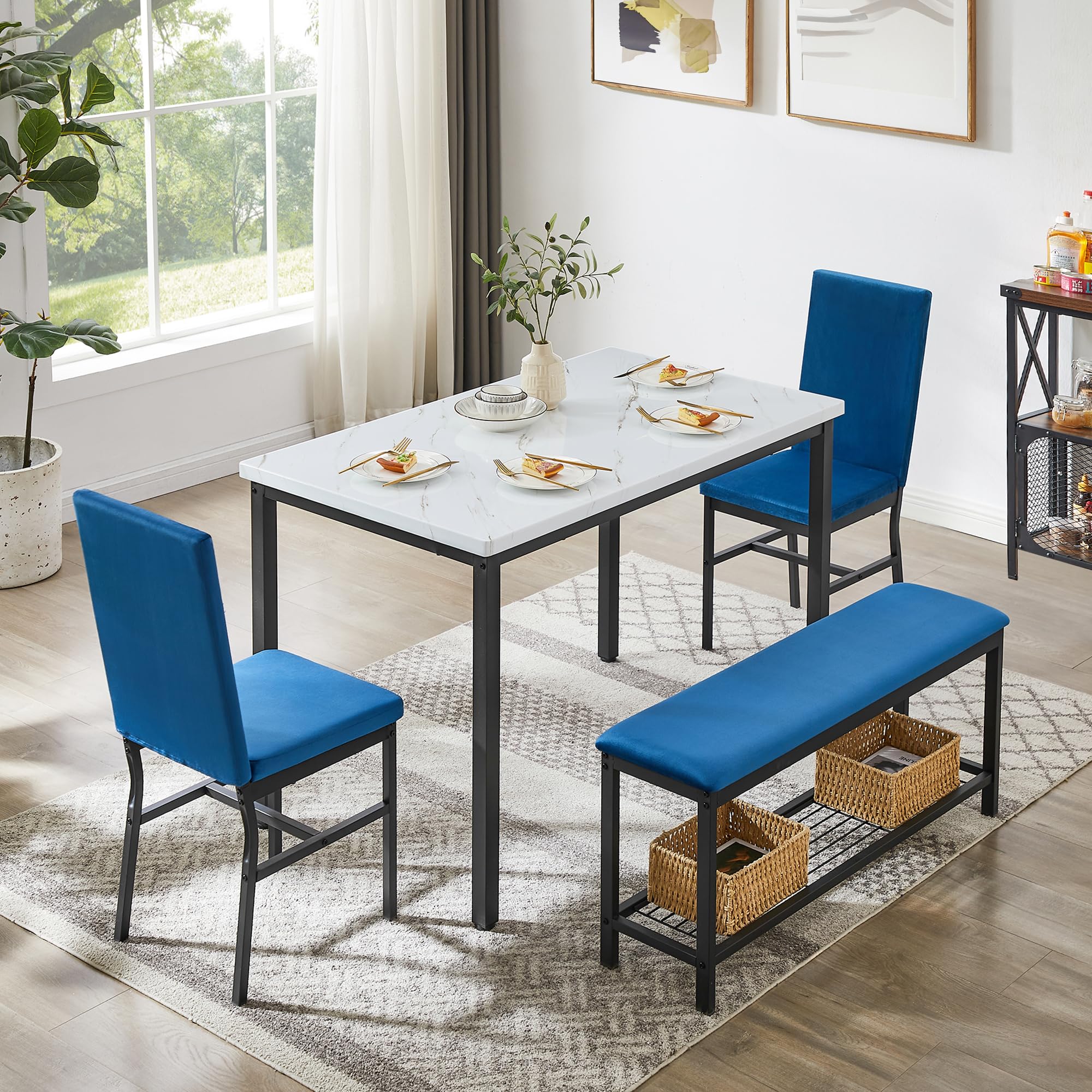 Table Set for 4,Faux Marble Kitchen Table,Kitchen Table Chairs Set with Velvet Chairs,