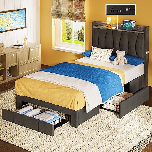 Twin Bed Frame with 3 Drawers, Upholstered Platform Bed with Storage Headboard