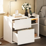 White Night Stand with Shelves, Charging Station & LED, 2 Drawer Wooden Bedside Table