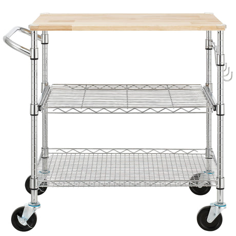 3-Tier Rolling Kitchen Cart with 18" D x 30" W Oak Wood Tabletop, Kitchen Island Cart