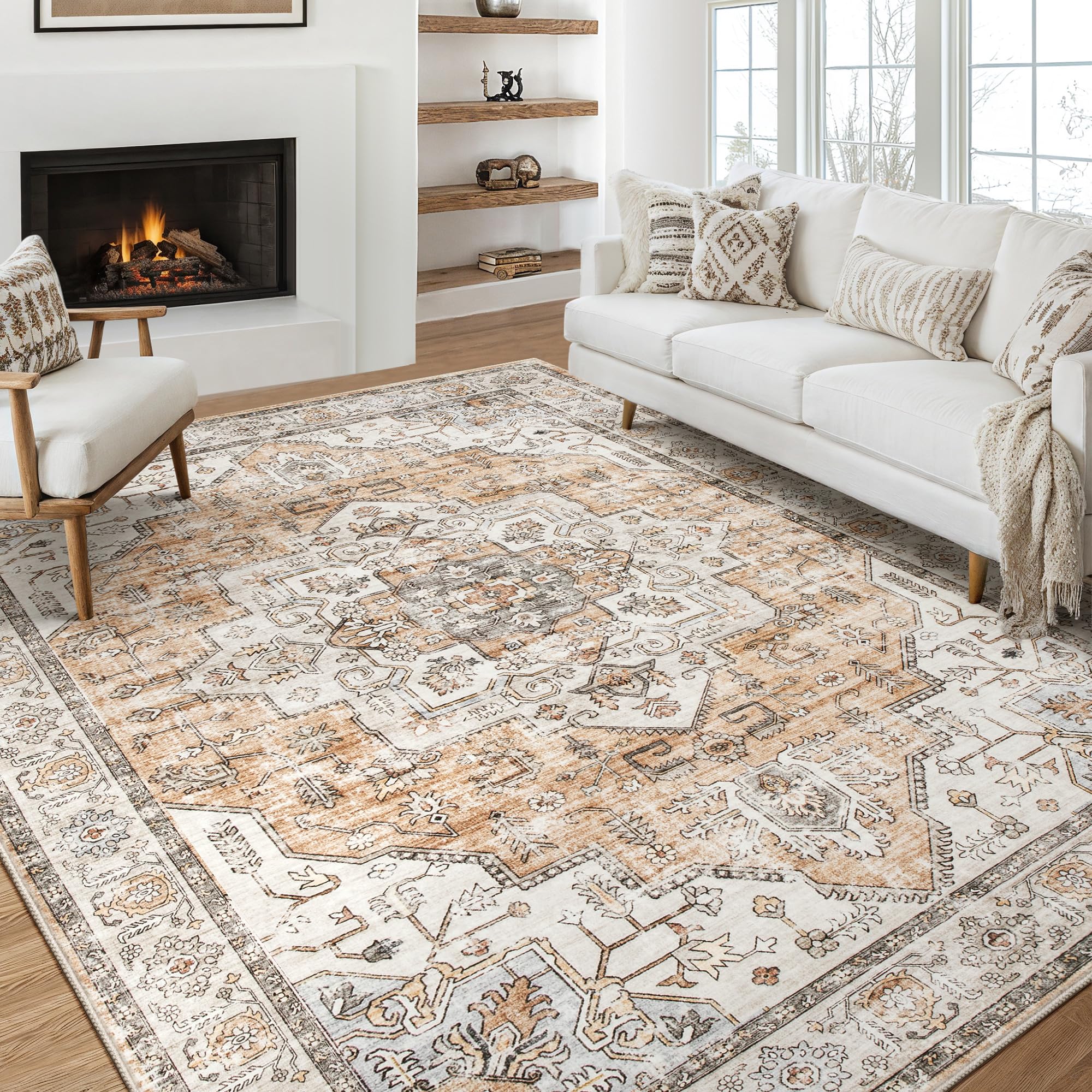 Washable Vintage Area Rug 9x12 - Soft Traditional Rug for Living Room