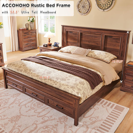 Farmhouse Queen Size Bed Frame with 52" Tall Full-Panel Headboard & Footboard