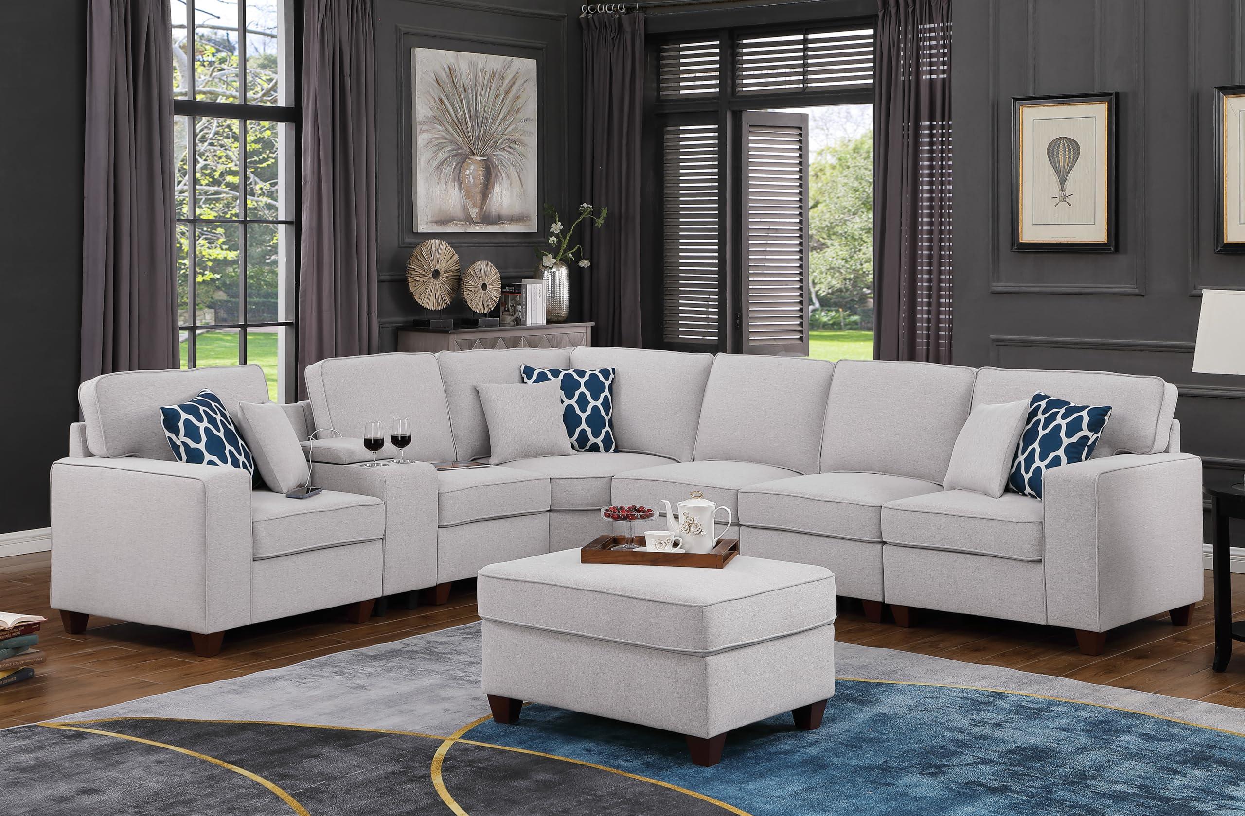 Linen Upholstered Sectional Sofa with Removable Ottoman,U-Shape 6 Seat Sectional