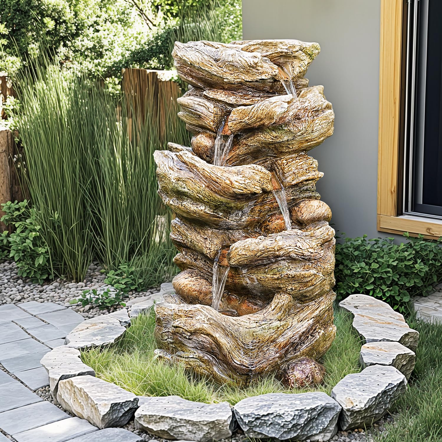 32" High 5-Tier Outdoor Water Fountain with LED Lights, Natural Wooden Look