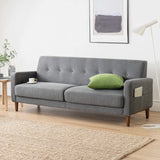 Adair Mid-Century Modern Sofa Couch with Armrest Pockets, Tufted Linen Fabric, Dark