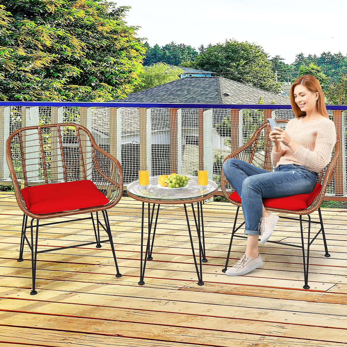 3-Piece Patio Bistro Set PE Rattan Wicker Armchairs and Coffee Table Set with Cushions