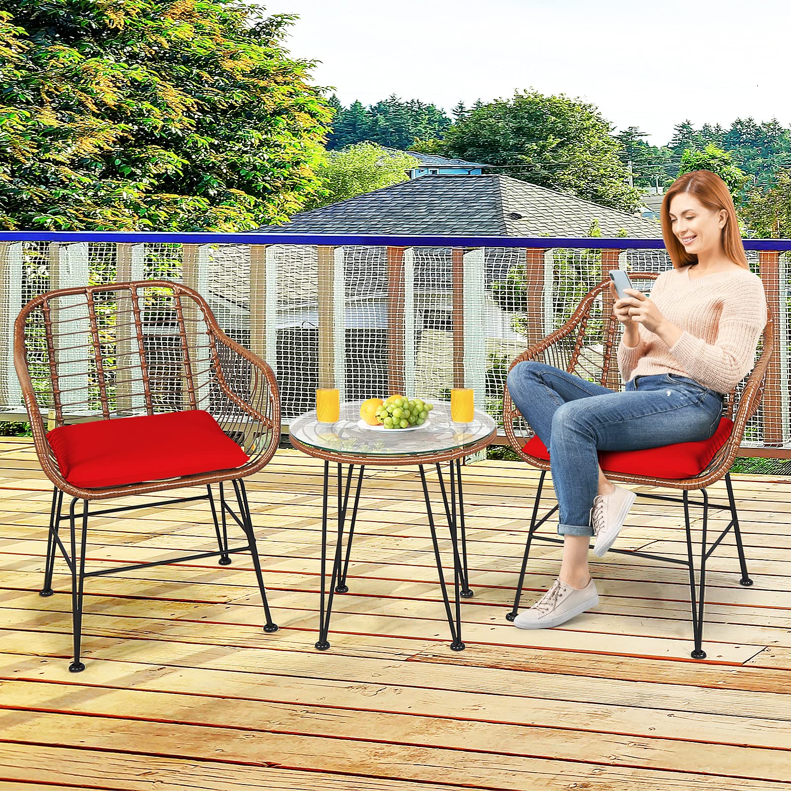 3-Piece Patio Bistro Set PE Rattan Wicker Armchairs and Coffee Table Set with Cushions