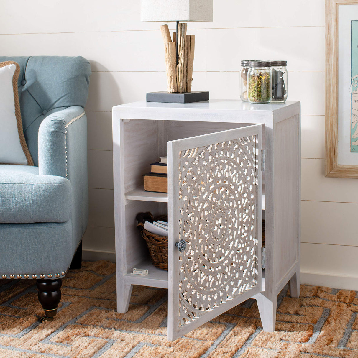 Thea 1 Door Carved Nightstand, White Washed