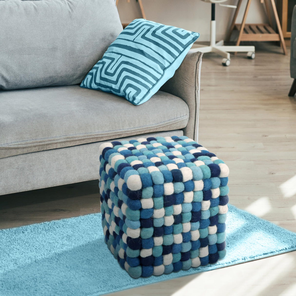 Multi Colored Cube Felt Ball Ottoman Pouf 15 Inches for Living Room, Bedroom