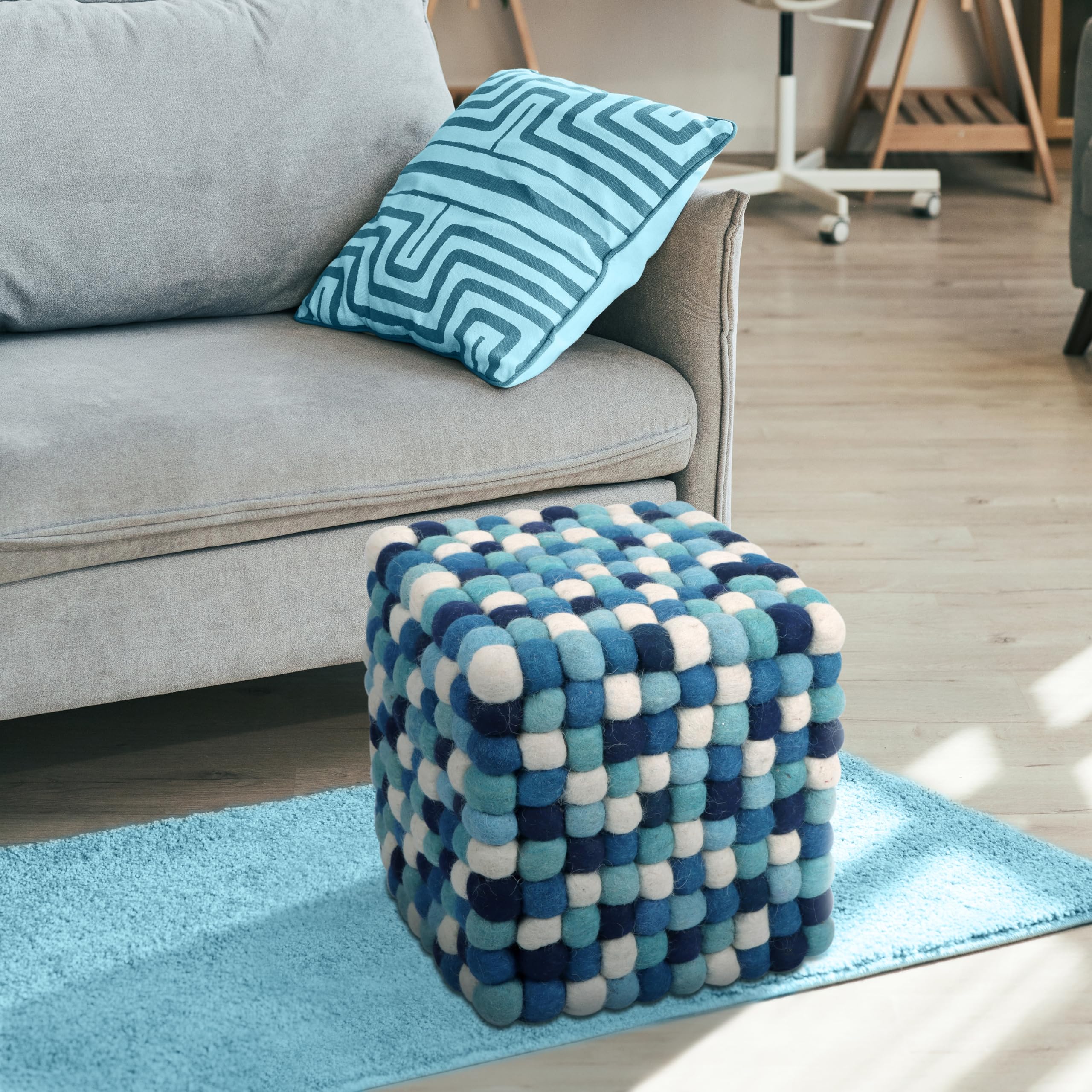 Multi Colored Cube Felt Ball Ottoman Pouf 15 Inches for Living Room, Bedroom