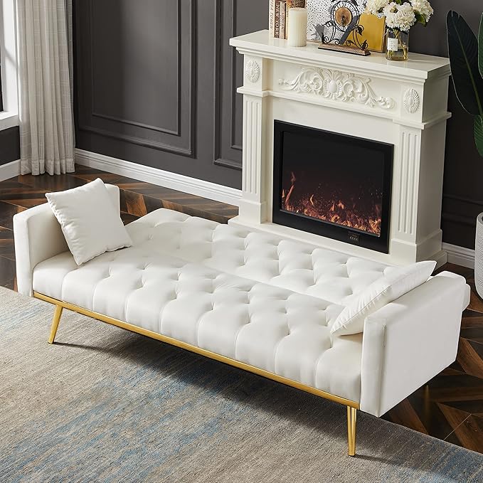 Modern Velvet Convertible Sleeper Sofa Couch with 2 Pillows, Folding Futon Sofa Bed
