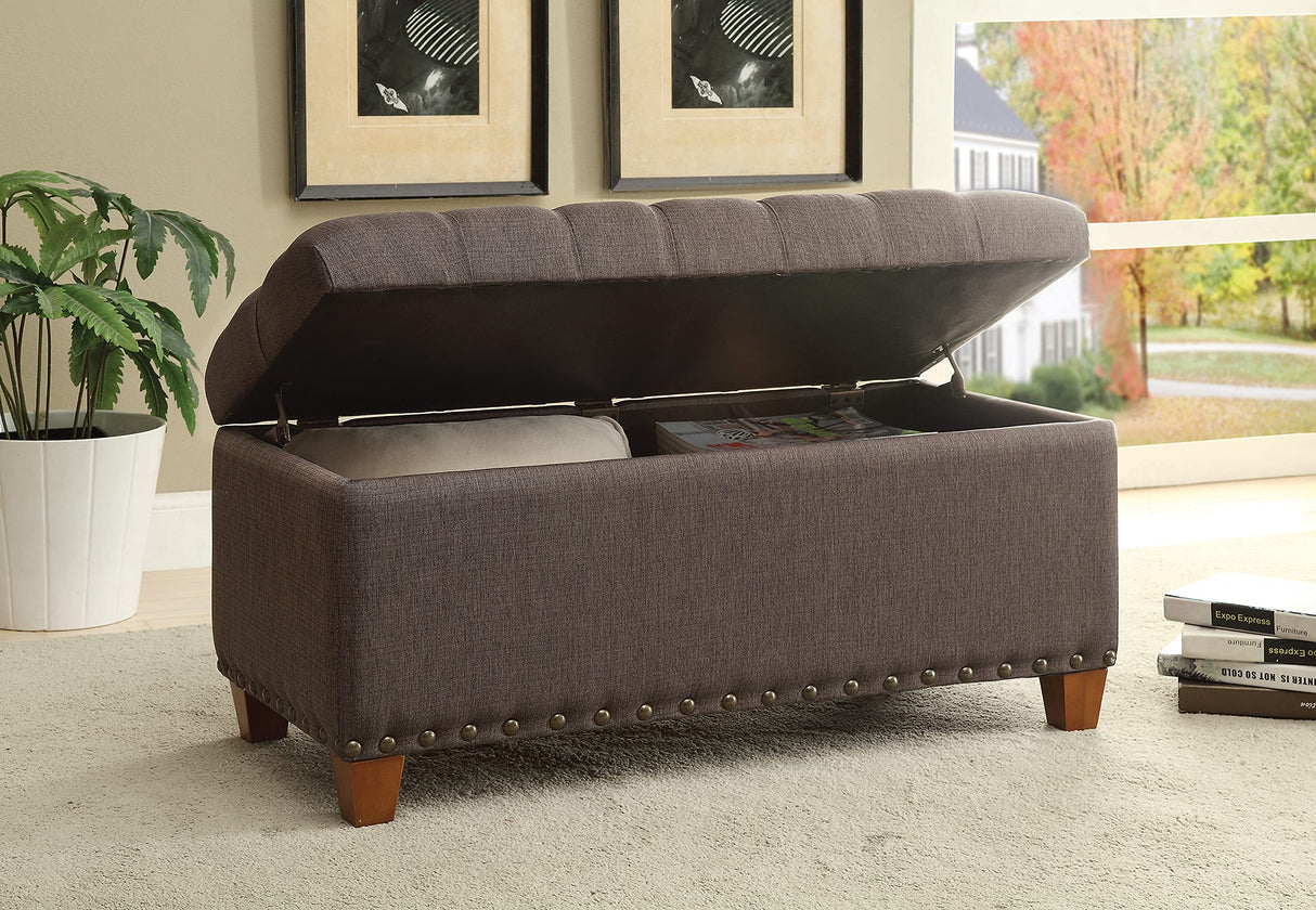 Modern Upholstered Bedroom Storage Bench Button Tufted Top Nailhead Trim Mocha Brown Fabric Wood Legs 500065