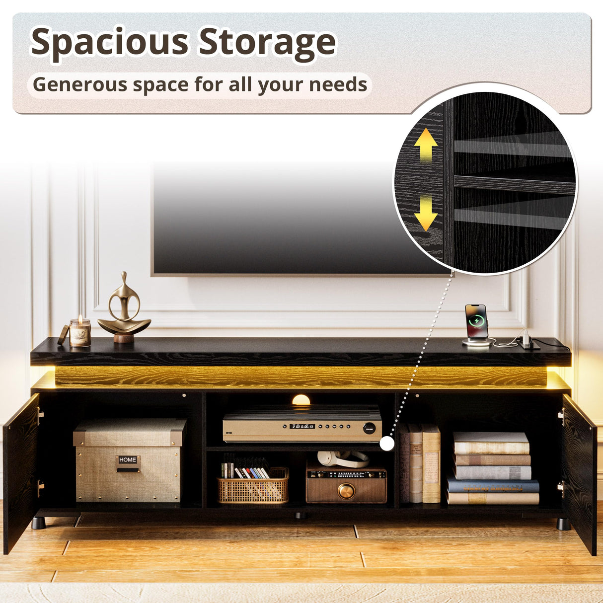 75 Inch TV Stand with LED Lights and Power Outlets