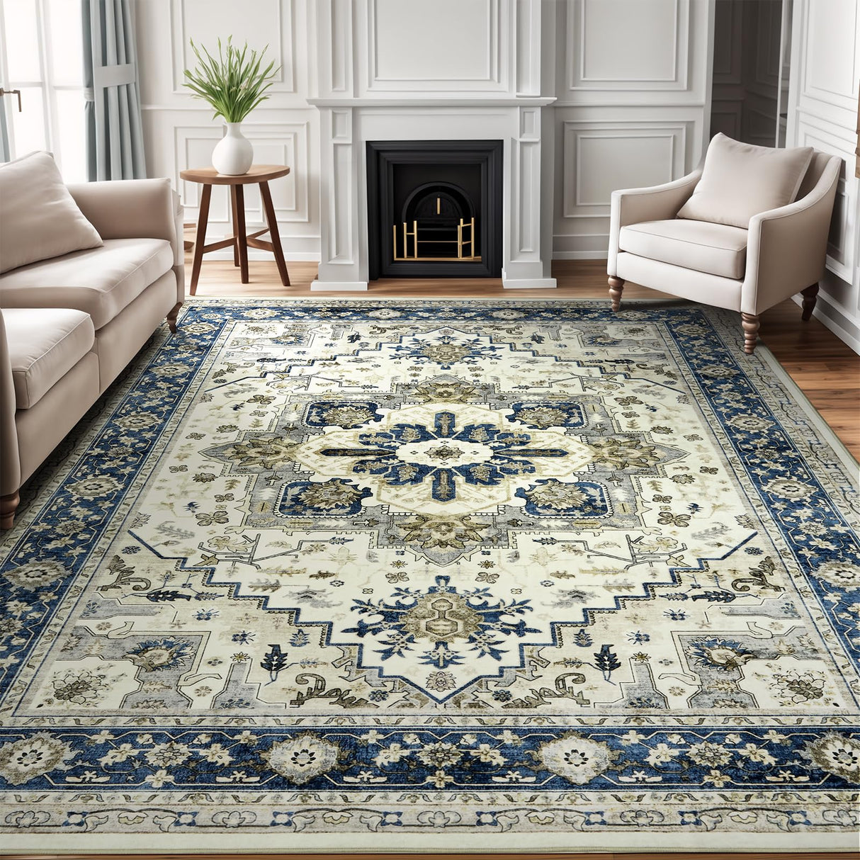 Large Area Rug for Living Room 9x12 - Machine Washable Soft Vintage Rug Oriental Area Carpet Thin Farmhouse Rugs Non Slip Floor Rug Low Pile Rug for Bedroom Dorm Office House Decor