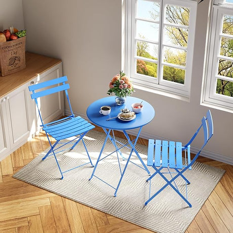 coucheta 3-Piece Patio Bistro Set Folding Bistro Table and 2 Chairs Outdoor Furniture Sets with Premium Frame Space Saving Weather Resistant for Bistro Balcony Yard Garden Porch Lawn Round Tube Pink