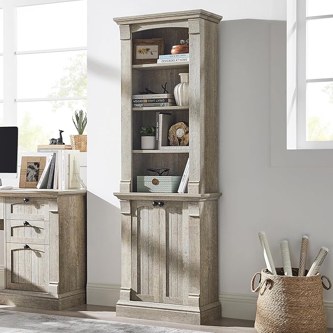 Farmhouse Bookcase with Storage Cabinet, 72" Tall Bookshelf with Adjustable Shelves, 4-Tier Open Wood Shelf Bookcase for Home Office, Living Room, Antique White