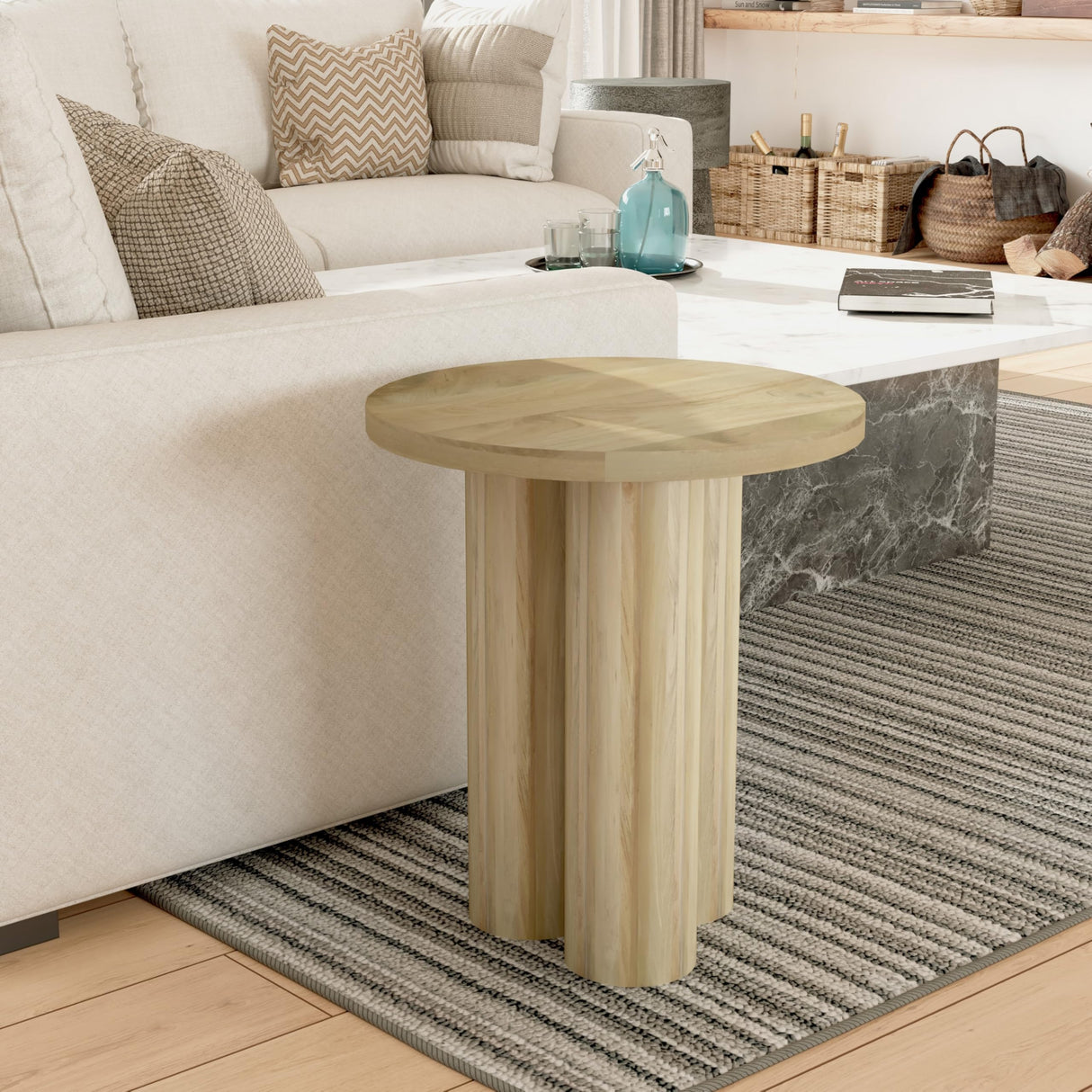 Hazel Side Table with 3 Pillar Legs, Handcrafted Natural Brown Mango Wood