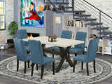 East West Furniture X-Style 7 Piece Room Set Consist of a Rectangle Kitchen Table with X-Legs and 6 Blue Linen Fabric Parson Dining Chairs, 36x60 Inch, X626EL121-7