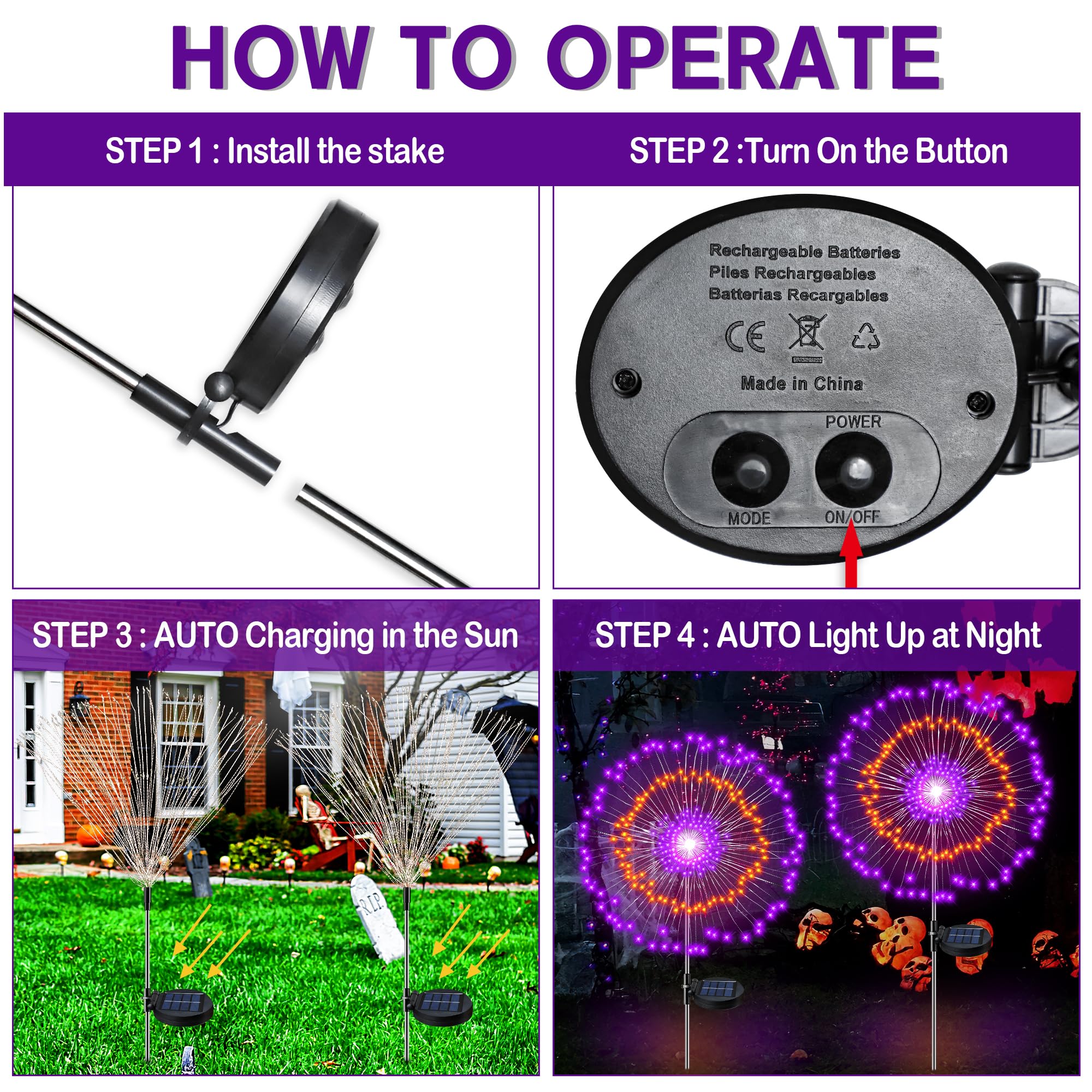 Halloween Firework Lights Outdoor Decorations, 2 Pack Halloween Solar Lights with 8