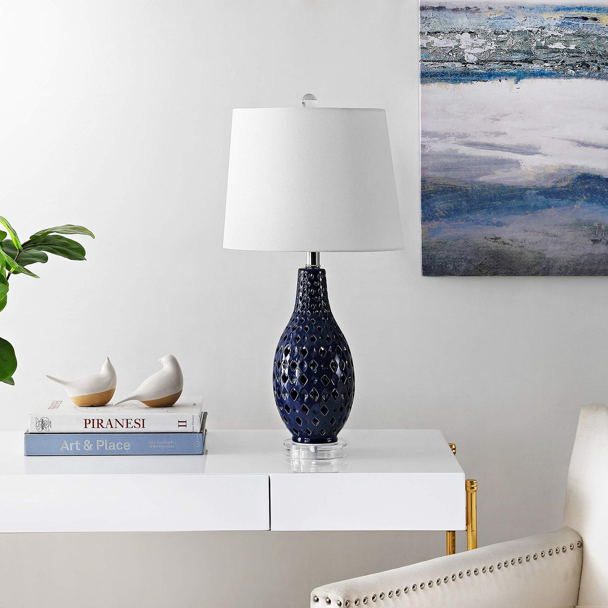 Lighting Collection Harlem Trellis Navy Ceramic 26-inch Bedroom